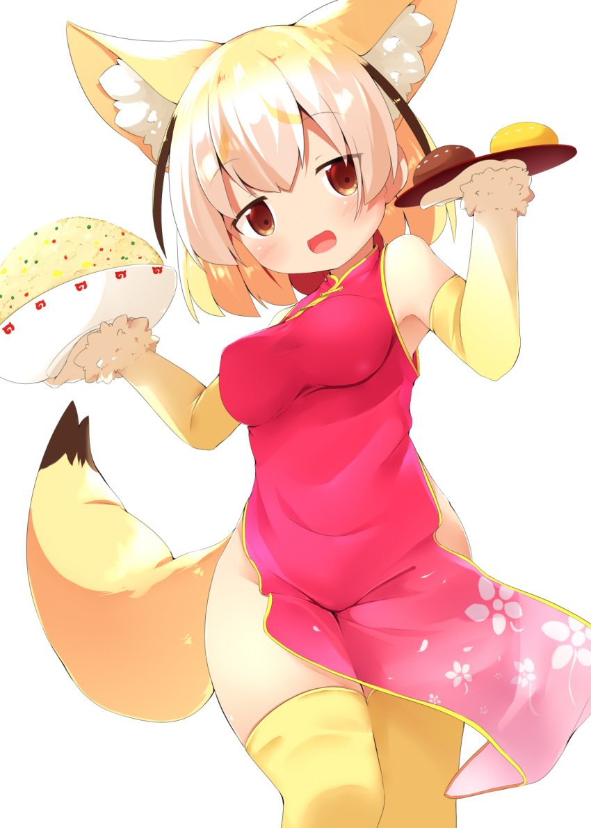 :d alternate_costume animal_ears blonde_hair bowl brown_eyes china_dress chinese_clothes commentary_request dress elbow_gloves extra_ears eyes_visible_through_hair fennec_(kemono_friends) food fox_ears fox_tail gloves highres japari_bun japari_symbol kemono_friends looking_at_viewer makuran medium_hair multicolored_hair open_mouth pink_dress rice side_slit simple_background smile solo tail thighhighs tray white_background white_hair yellow_legwear