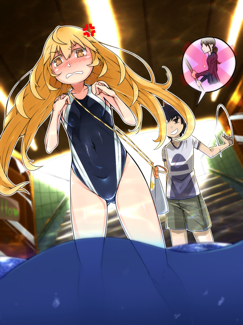 1boy 1girl ahoge anger_vein ass_visible_through_thighs bag blonde_hair blush breasts colored_eyelashes commentary_request competition_swimsuit covered_navel eyebrows_visible_through_hair hair_between_eyes handbag highres irokohaku kamijou_touma long_hair nose_blush one-piece_swimsuit shokuhou_misaki small_breasts stairs subway_station swimsuit to_aru_majutsu_no_index to_aru_majutsu_no_index:_new_testament wading water wavy_mouth yellow_eyes