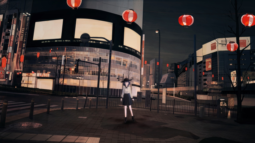 absurdres artist_name banishment black_eyes black_hair black_hat black_skirt bollard email_address fence hat highres huge_filesize lamppost night original outdoors pixiv_username scenery shinjuku short_hair skirt solo standing traffic_light translation_request twitter_username watermark web_address