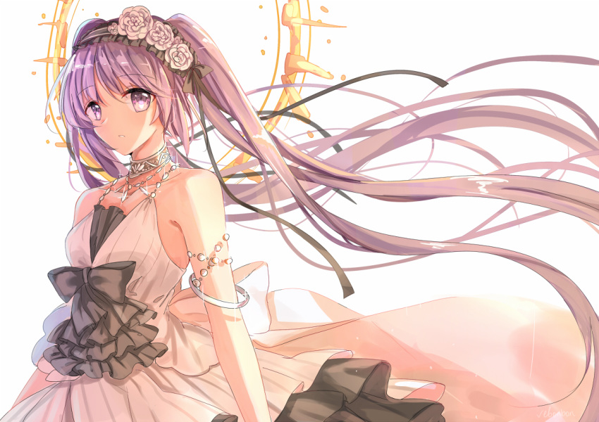 armlet bangs bare_arms bare_shoulders black_ribbon breasts choker dress euryale eyebrows_visible_through_hair fate_(series) flower frilled_dress frilled_headband frills hair_flower hair_ornament hair_ribbon hairband halo headband jewelry lolita_fashion lolita_hairband long_dress long_hair looking_at_viewer purple_eyes purple_hair ribbon shiny shiny_hair sleeveless sleeveless_dress small_breasts solo twintails type-moon vebonbon very_long_hair white_background white_dress