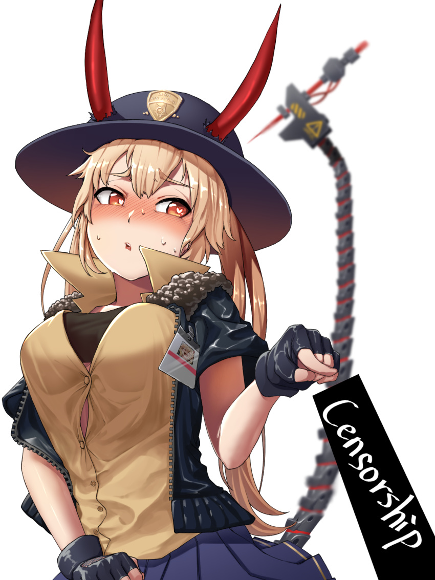 bangs bar_censor black_bra black_gloves black_jacket blue_skirt blurry blush bomber_jacket bra breasts brown_shirt censored collared_shirt commentary_request cuffs demon_horns depth_of_field eyebrows_visible_through_hair fangs fingerless_gloves fur-trimmed_jacket fur_trim girls_frontline gloves hair_between_eyes hat heart heart-shaped_pupils high_collar highres horns jacket korean_commentary long_hair looking_at_viewer m870_(girls_frontline) mechanical_tail miniskirt name_tag open_clothes open_mouth orange_eyes pleated_skirt pointing sd_bigpie shirt sidelocks simple_background skirt solo sweat symbol-shaped_pupils tail taut_clothes taut_shirt twintails underwear white_background