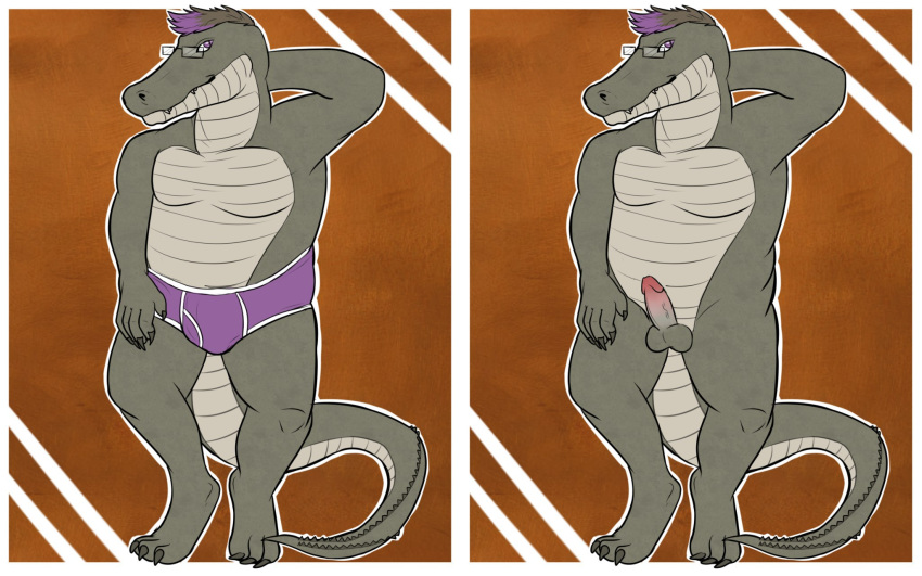 2018 alligator andrew_(deminothedragon) anthro balls belly bulge claws clothed clothing crocodilian digital_media_(artwork) dolar erection eyewear feet glasses hair humanoid_penis male nude penis reptile scalie simple_background slightly_chubby small_penis smile solo toe_claws toes underwear