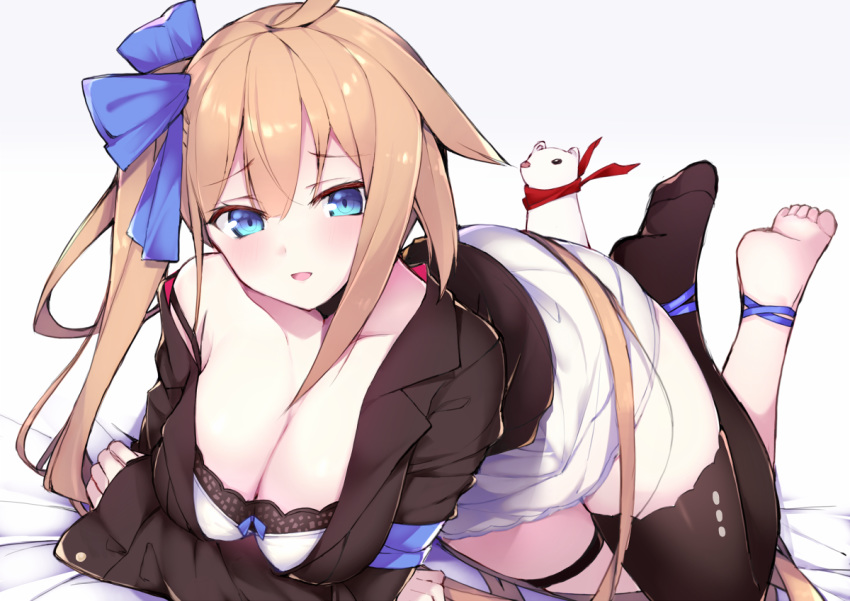 barefoot black_bra blue_eyes bra breast_hold breasts brown_hair cleavage commentary_request cropped_jacket crossed_arms dress eyebrows_visible_through_hair fal_(girls_frontline) girls_frontline hair_ribbon haruyuki_(yukichasoba) head_tilt jacket large_breasts long_hair long_sleeves looking_at_viewer lying off_shoulder open_clothes open_jacket ribbon short_dress side_ponytail single_sidelock single_thighhigh smile solo strap_slip thigh_strap thighhighs underwear very_long_hair weasel white_dress