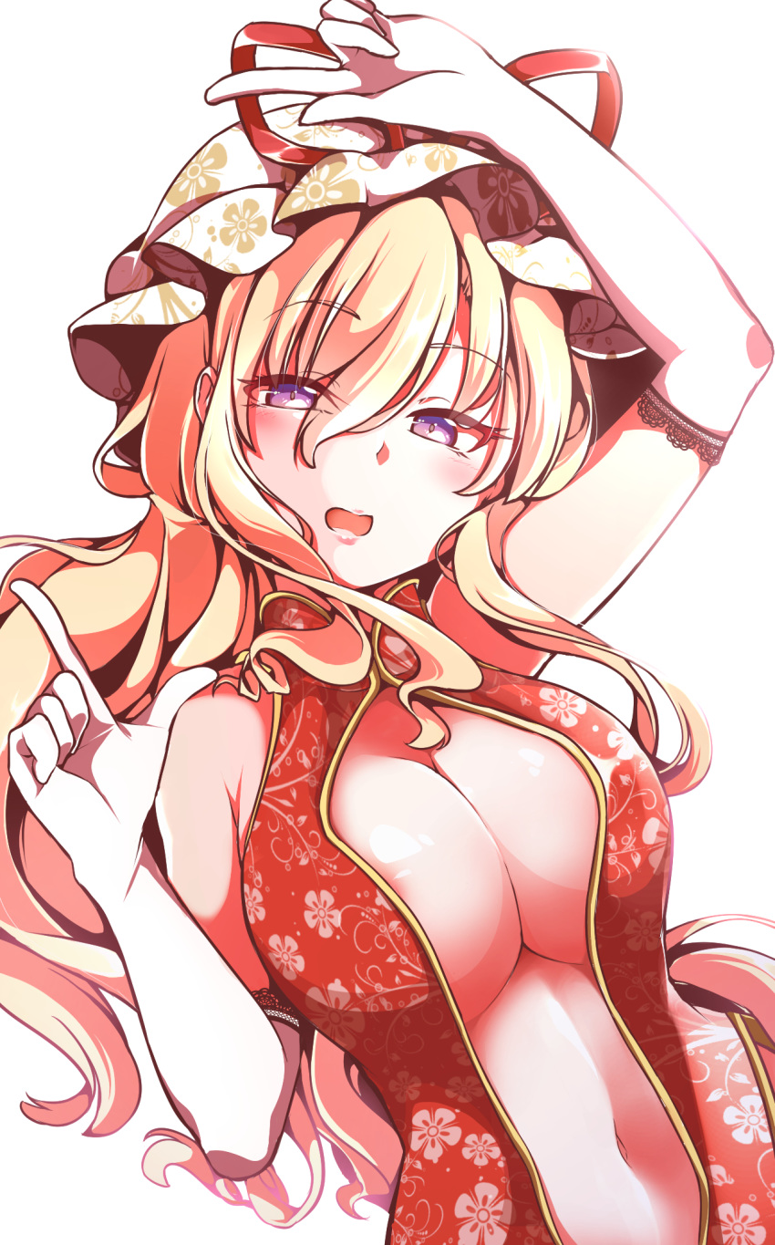 areola_slip areolae arm_up blonde_hair blush breasts china_dress chinese_clothes cleavage commentary_request dress elbow_gloves eyebrows_visible_through_hair eyes_visible_through_hair floral_print gloves gokuu_(acoloredpencil) hair_between_eyes half-closed_eyes hat highres large_breasts long_hair looking_at_viewer mob_cap navel open_clothes open_dress pointing pointing_up purple_eyes red_dress simple_background sleeveless sleeveless_dress solo touhou white_background white_gloves yakumo_yukari