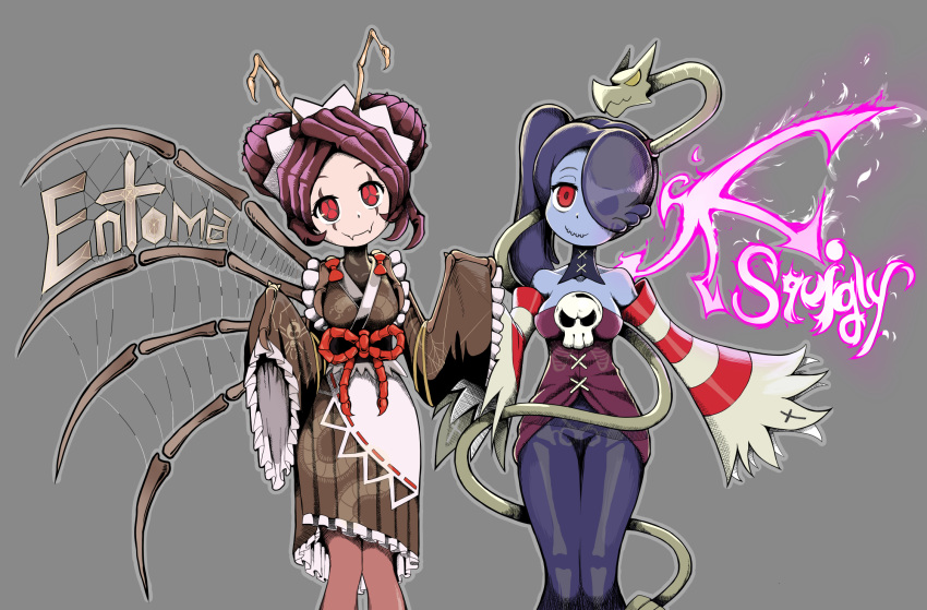 antennae blue_hair blue_skin breasts bug character_name commentary_request double_bun dress entoma_vasilissa_zeta fangs grey_background hair_over_one_eye highres insect insect_girl japanese_clothes kimono korean_commentary leviathan_(skullgirls) long_sleeves looking_at_viewer maid maid_headdress mixed-language_commentary multiple_girls overlord_(maruyama) purple_hair red_eyes scar scar_across_eye side_ponytail simple_background skull skullgirls smile squigly_(skullgirls) striped undead wide_sleeves x-ray ydg_(eorbsaos1004) zombie