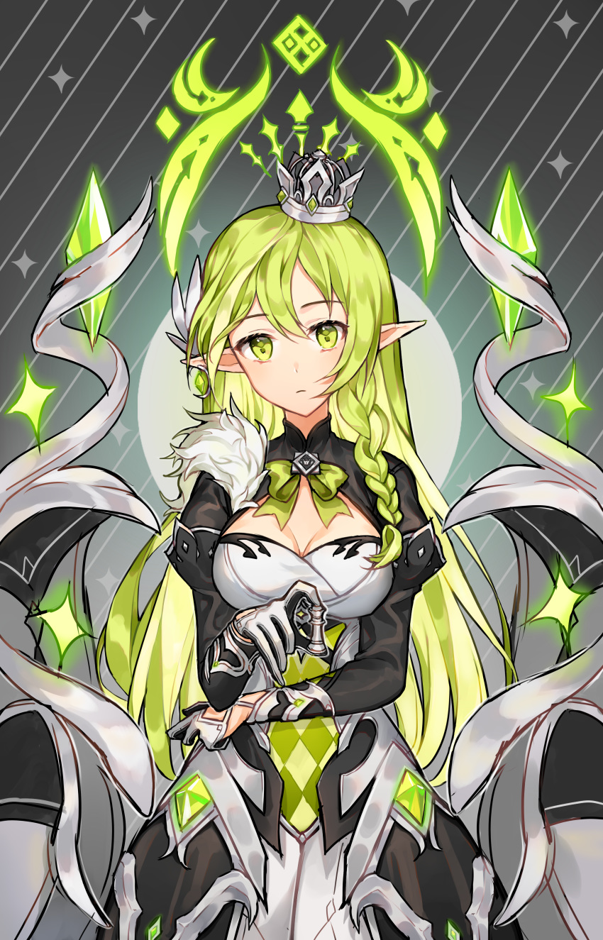 absurdres alternate_costume braid breasts chess_piece cleavage closed_mouth crown cyg38801 elf elsword eyebrows_visible_through_hair gem gloves green_eyes green_hair highres holding long_hair long_sleeves pointy_ears rena_(elsword) ribbon white_gloves