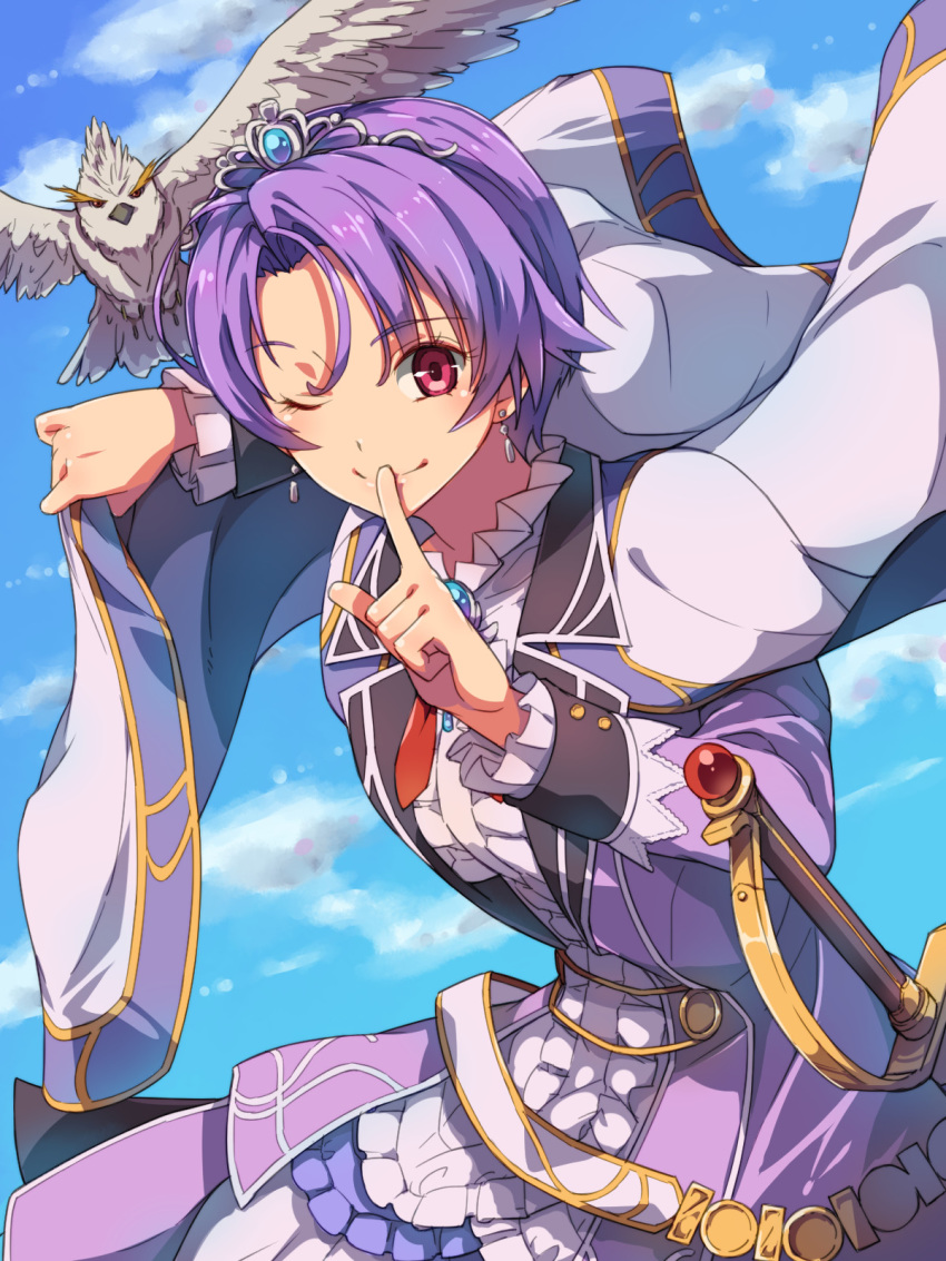 bird cape chiharu_(9654784) cloud cloudy_sky cowboy_shot day dress earrings eiyuu_densetsu falcon finger_to_mouth frilled_dress frills highres jewelry klose_rinz long_sleeves looking_at_viewer one_eye_closed purple_hair rapier red_eyes sen_no_kiseki_4 sheath sheathed short_hair sky smile solo sora_no_kiseki sword tiara weapon