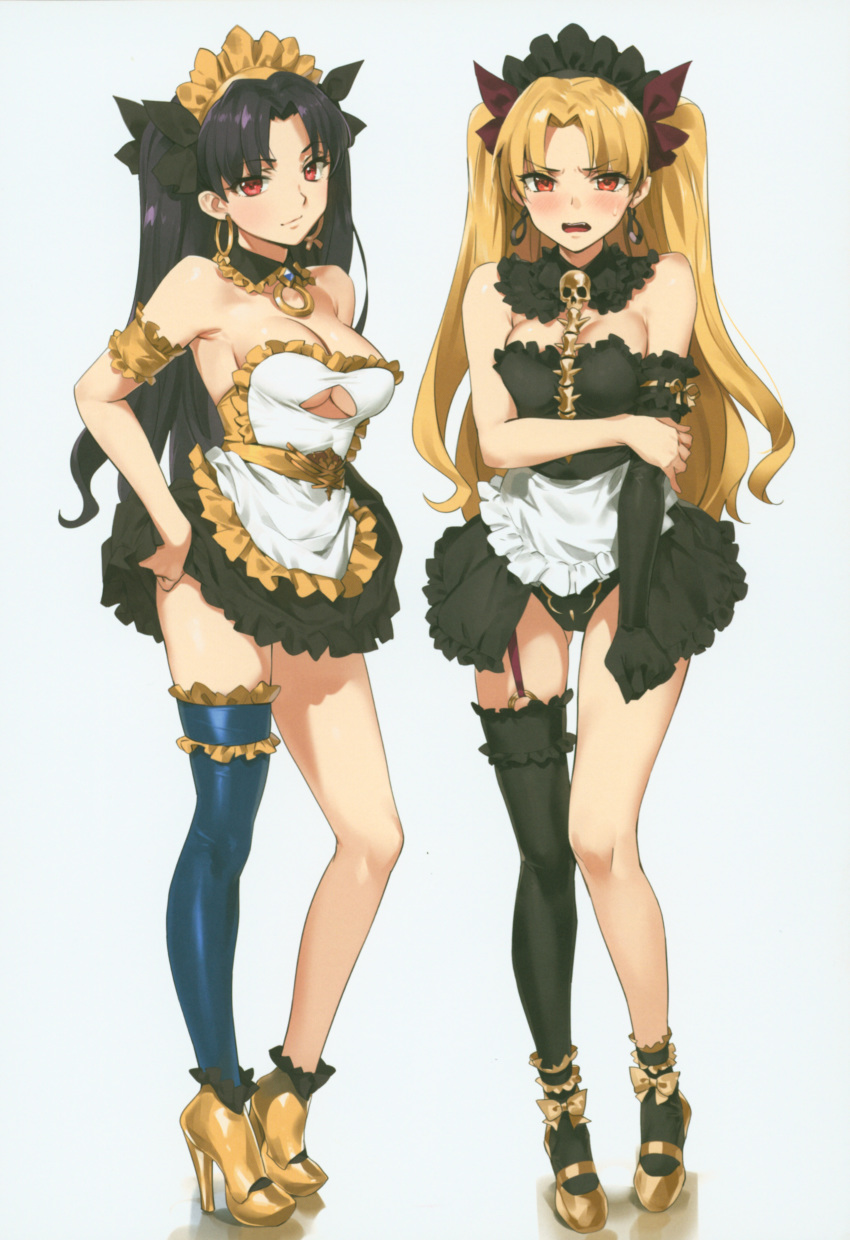 absurdres alternate_costume apron arm_under_breasts ass_visible_through_thighs asymmetrical_legwear bangs black_dress black_leotard blonde_hair blush breasts cleavage dress earrings embarrassed enmaided ereshkigal_(fate/grand_order) fate/grand_order fate_(series) gold_trim grey_background hair_ribbon highres hoop_earrings incredibly_absurdres infinity ishtar_(fate/grand_order) jewelry leotard long_hair maid maid_apron maid_headdress multiple_girls open_mouth orange_maru panties parted_bangs red_eyes ribbon scan simple_background single_sleeve single_thighhigh skull smile spine thighhighs tiara two_side_up underboob_cutout underwear waist_apron yang-do