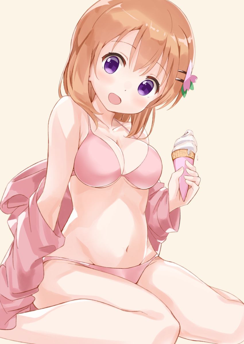 :d bangs bare_legs bare_shoulders bikini blush breasts brown_background cleavage collarbone commentary_request eyebrows_visible_through_hair feet_out_of_frame food gochuumon_wa_usagi_desu_ka? guraasan hair_between_eyes hair_ornament hairclip head_tilt highres holding holding_food hood hood_down hooded_jacket hoto_cocoa ice_cream ice_cream_cone jacket light_brown_hair looking_at_viewer medium_breasts navel off_shoulder open_mouth pink_bikini pink_jacket purple_eyes simple_background sitting smile soft_serve solo swimsuit wariza