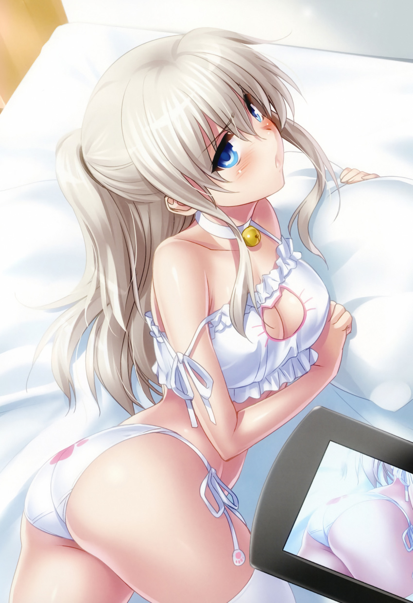 absurdres ass bed bell bell_choker blue_eyes bra breasts camcorder cat_cutout cat_ear_panties cat_lingerie charlotte_(anime) choker cleavage_cutout eyebrows_visible_through_hair half_updo highres indoors jingle_bell long_hair lying medium_breasts meme_attire on_bed on_side panties pillow pillow_grab recording scan side-tie_panties sidelocks silver_hair solo strap_slip thighhighs tomori_nao underwear underwear_only white_bra white_legwear white_panties zen
