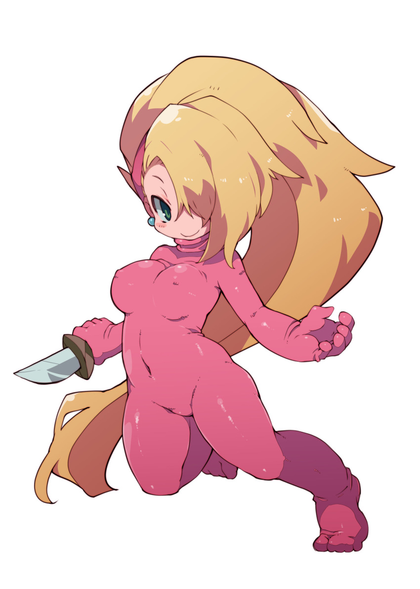 blonde_hair blush bodysuit breasts closed_mouth covered_navel covered_nipples dagger earrings full_body green_eyes hair_over_one_eye hairband highres holding holding_dagger holding_weapon jewelry kunoichi_(live_a_live) live_a_live long_hair looking_at_viewer medium_breasts no_nose pink_bodysuit pink_hairband simple_background skin_tight smile solo turtleneck very_long_hair weapon white_background zankuro