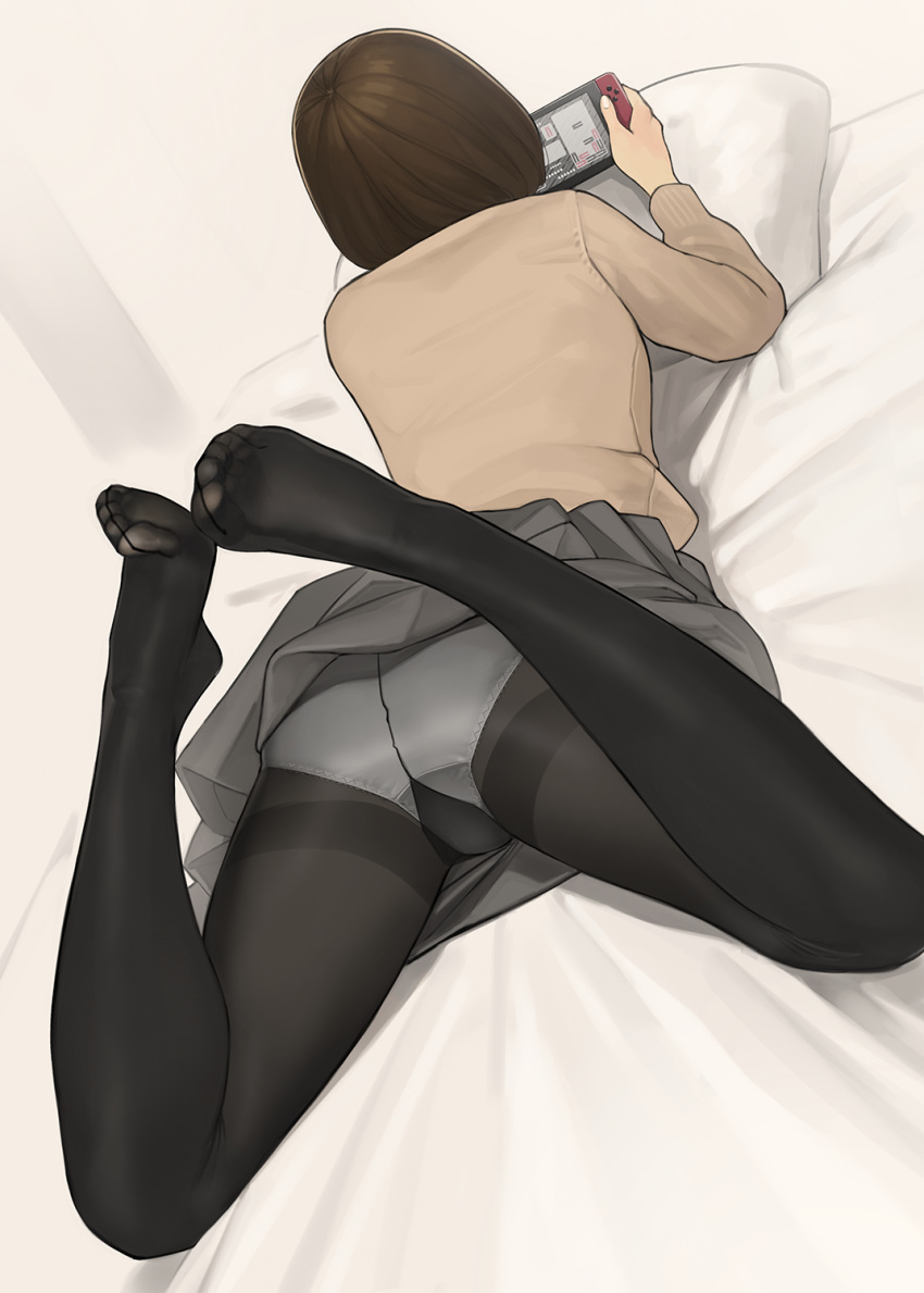 arched_soles ass bed_sheet black_legwear brown_cardigan brown_hair cardigan commentary crotch_seam dutch_angle facing_away feet feet_up fine_fabric_emphasis flat_ass from_behind grey_skirt gusset hidden_face highres holding_handheld_game_console knees_apart_feet_together legs long_sleeves lying miniskirt nintendo_switch no_shoes on_stomach original panties panties_under_pantyhose pantyhose pillow playing_games pleated_skirt school_uniform see-through short_hair skirt solo thighband_pantyhose toe_scrunch toe_seam toenails toes underwear white_panties yomu_(sgt_epper)