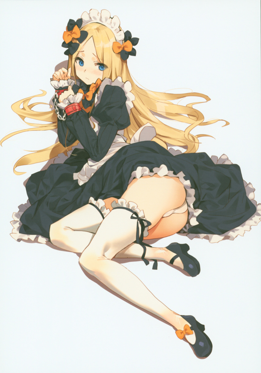 abigail_williams_(fate/grand_order) absurdres alternate_costume apron ass bad_anatomy bangs black_dress blonde_hair blue_eyes blush bow cuffs dress enmaided fate/grand_order fate_(series) hair_bow handcuffs high_heels highres incredibly_absurdres juliet_sleeves long_hair long_sleeves lying maid maid_apron maid_headdress mary_janes orange_bow orange_maru panties pantyshot pantyshot_(lying) parted_bangs puffy_sleeves scan shoes thighhighs trefoil underwear very_long_hair waist_apron white_background white_legwear white_panties yang-do