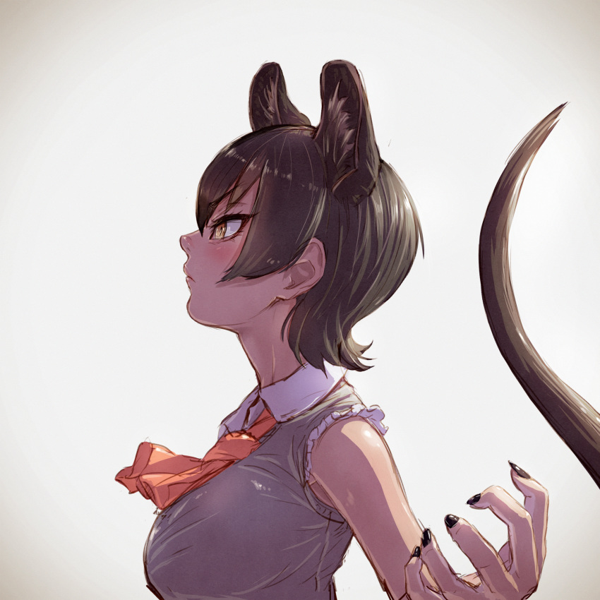 animal_ears bow bowtie breasts claw_pose commentary_request extra_ears fossa_(kemono_friends) fossa_ears fossa_tail from_side hair_between_eyes highres kemono_friends nail_polish necktie orange_bow profile short_hair sleeveless solo tail takami_masahiro upper_body