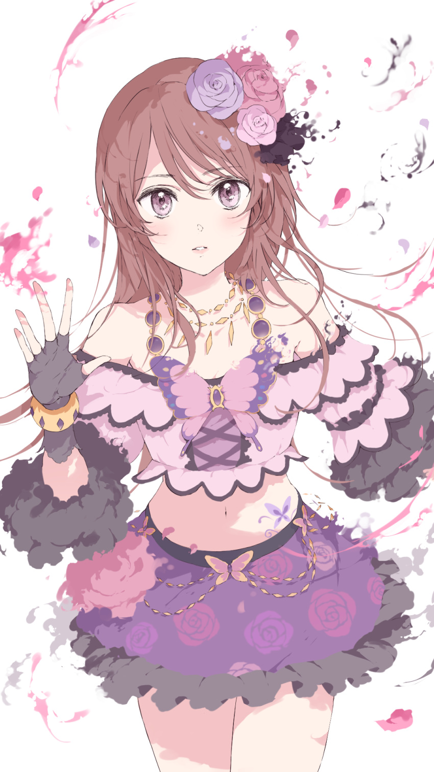 aikatsu! aikatsu!_(series) black_gloves blush bracelet brown_eyes brown_hair collarbone cowboy_shot crop_top eyebrows_visible_through_hair fingerless_gloves floating_hair floral_print flower gloves hair_between_eyes hair_flower hair_ornament highres jewelry long_hair looking_at_viewer midriff miniskirt navel necklace nghrstst off_shoulder parted_lips pink_flower print_skirt purple_flower purple_skirt shibuki_ran simple_background skirt solo standing stomach white_background