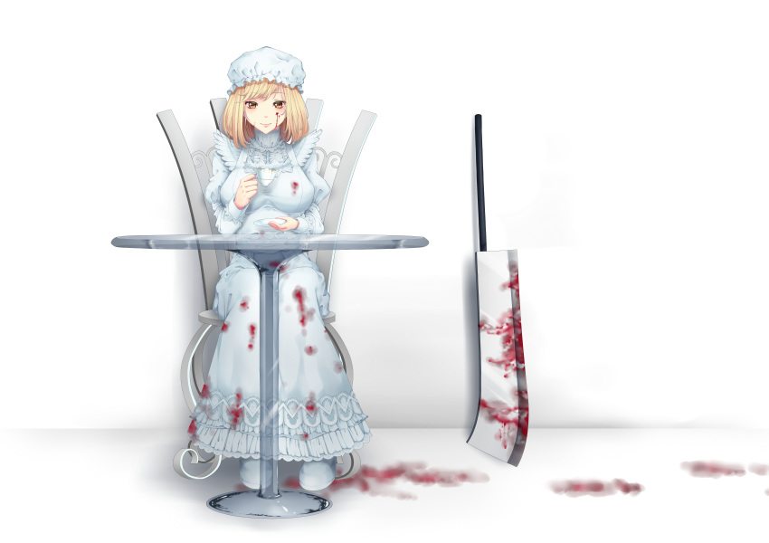absurdres arm_up bangs blonde_hair blood blood_on_face blood_on_ground bloody_clothes bloody_weapon blue_dress blue_footwear breasts chair commentary cup dress english_commentary eyebrows_visible_through_hair frilled_dress frills glaive glass_table hat hataraku_saibou hatchet high_collar highres holding holding_cup holding_saucer juliet_sleeves large_breasts long_sleeves looking_at_viewer macrophage_(hataraku_saibou) mob_cap polearm puffy_sleeves saucer short_hair simple_background sitting smile solo swept_bangs table teacup uc-sama weapon white_background yellow_eyes
