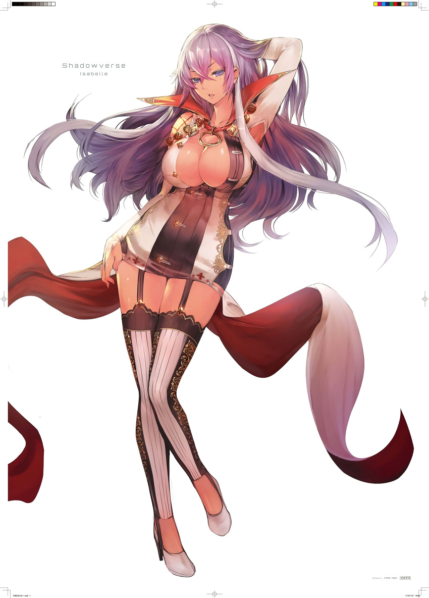 absurdres armpit_cutout blue_eyes breasts bridal_gauntlets cleavage dress garter_straps hair_between_eyes hand_in_hair hand_on_thigh highres isabelle_(shadowverse) large_breasts long_hair looking_at_viewer multicolored_hair official_art open_mouth purple_hair shadowverse simple_background solo teddy_(khanshin) thighhighs two-tone_hair white_hair