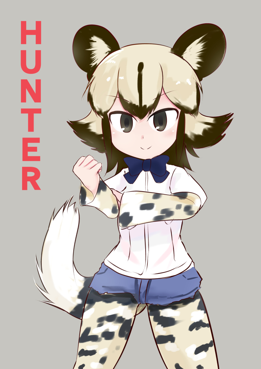 1girl african_wild_dog_(kemono_friends) animal_ears black_eyes blonde_hair blue_neckwear blue_shorts blush bow bowtie brown_hair clenched_hand cowboy_shot denim denim_shorts dog_ears dog_tail english_text eyebrows_visible_through_hair female fuji_takanasu grey_background hands_up highres kemono_friends legs_apart light_blush long_sleeves looking_at_viewer multicolored_hair pantyhose shiny shiny_hair shirt short_hair short_over_long_sleeves short_shorts short_sleeves shorts simple_background smile solo standing tail torn_clothes torn_shorts two-tone_hair white_shirt