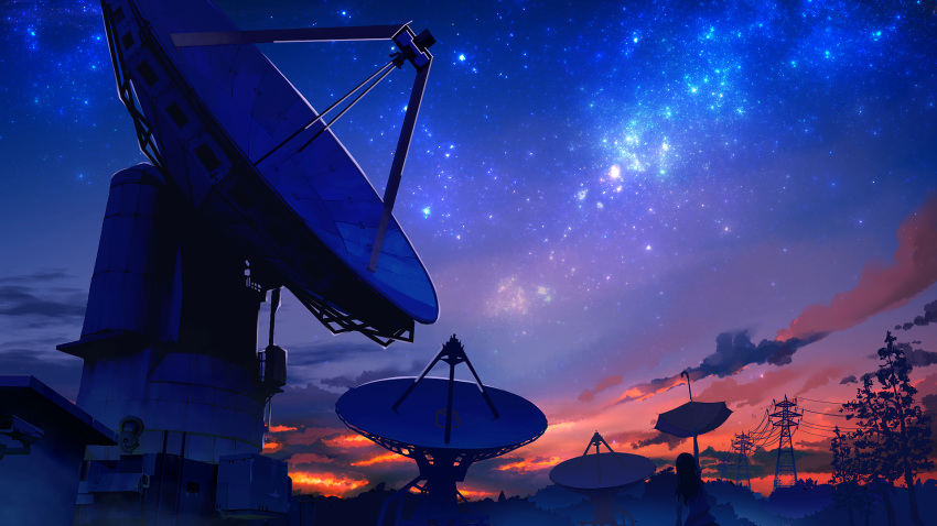 facing_away highres holding holding_umbrella long_hair night night_sky original outdoors power_lines satellite_dish scenery sky smile_(qd4nsvik) solo standing star_(sky) starry_sky tree umbrella