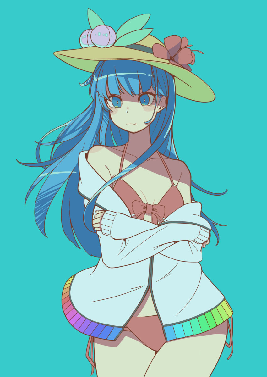 absurdres ai_ken alternate_costume bangs bare_shoulders bikini bikini_top black_hat blue_background blue_eyes blue_hair breasts cardigan cleavage closed_mouth clothes_tug collarbone commentary_request food fruit hair_between_eyes hat highres hinanawi_tenshi leaf long_hair long_sleeves looking_at_viewer off_shoulder open_clothes peach rainbow_order red_bikini simple_background smile solo standing sweater sweater_tug swimsuit touhou upper_body very_long_hair