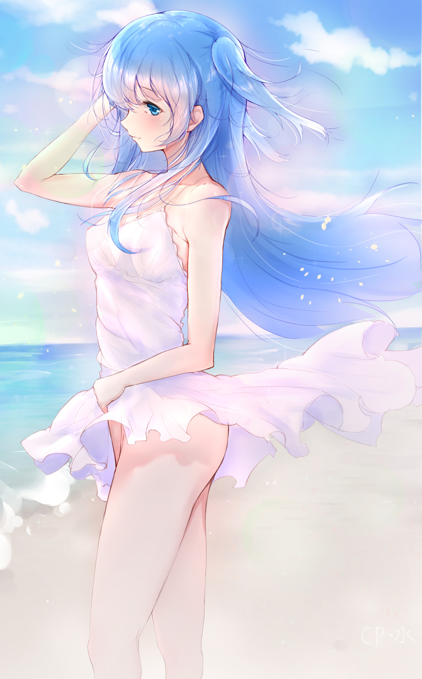 absurdres beach blue_eyes blue_hair blue_sky blush breasts chtholly_nota_seniorious cloud collarbone cp_mizu dress eyebrows_visible_through_hair hair_between_eyes hand_in_hair highres long_hair medium_breasts no_panties ocean outdoors short_dress shuumatsu_nani_shitemasu_ka? sideboob sky sleeveless sleeveless_dress solo standing sundress twintails very_long_hair white_dress