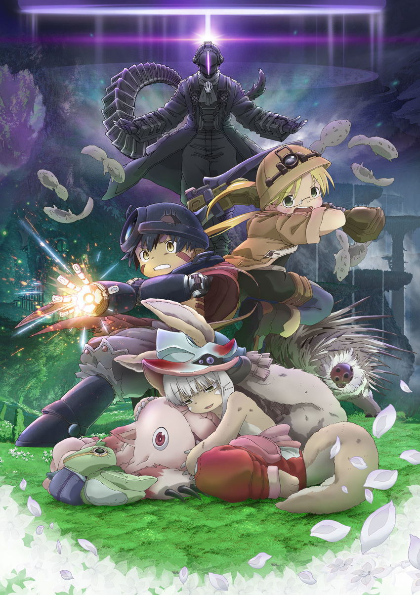1other 2boys blonde_hair bondrewd brown_hair cape creature ears_through_headwear fur furry glasses gloves green_eyes helmet highres key_visual long_hair made_in_abyss mitty_(made_in_abyss) multiple_boys nanachi_(made_in_abyss) official_art regu_(made_in_abyss) riko_(made_in_abyss) short_hair short_sleeves twintails whiskers white_hair