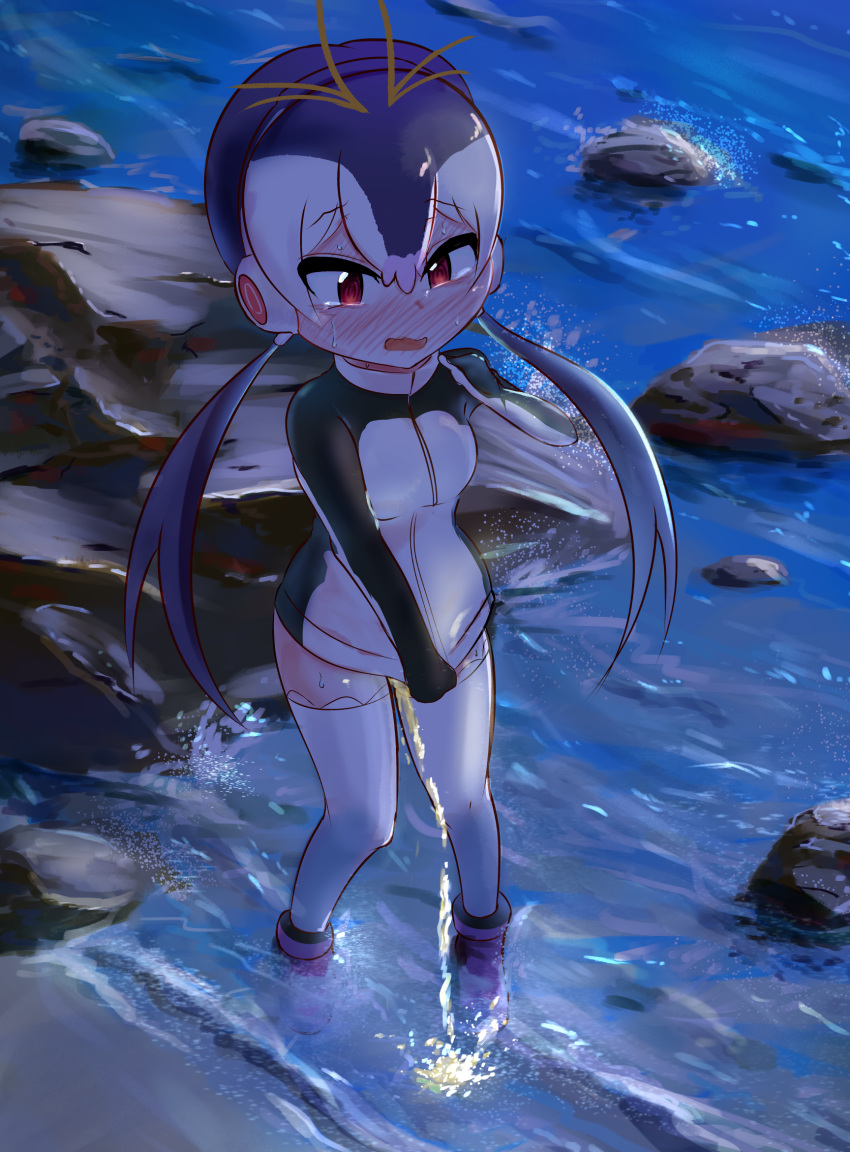 1girl beach black_hair blush boots breasts embarrassed eyebrows_visible_through_hair female fuji_takanasu full-face_blush full_body hand_up headphones highres jacket kemono_friends long_hair long_sleeves looking_down multicolored multicolored_clothes multicolored_jacket ocean open_mouth outdoors peeing peeing_self purple_footwear red_eyes rock royal_penguin_(kemono_friends) sand shiny shiny_hair shirt_tug small_breasts solo standing sweat thighhighs tied_hair white_hair white_legwear