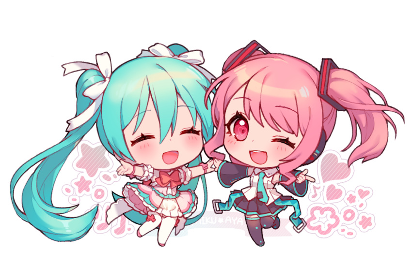 ;d ^_^ aqua_hair aqua_neckwear bang_dream! bangs black_legwear blush bow bowtie chibi closed_eyes collared_shirt commentary cosplay costume_switch detached_sleeves eyebrows_visible_through_hair flower frills grey_shirt hair_ribbon hands_together hatsune_miku hatsune_miku_(cosplay) heart long_hair looking_at_viewer maruyama_aya maruyama_aya_(cosplay) miniskirt multiple_girls musical_note ng_(kimjae737) one_eye_closed open_mouth outstretched_arms pink_bow pink_eyes pink_hair pink_neckwear pleated_skirt pointing ribbon round_teeth shirt sidelocks skirt smile spread_arms standing standing_on_one_leg star strap symbol_commentary teeth thighhighs tie_clip twintails upper_teeth very_long_hair vocaloid white_legwear white_ribbon wrist_bow