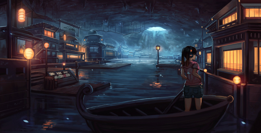 architecture black_sky blue_shorts boat building commentary denim denim_shorts east_asian_architecture english_commentary from_behind klegsart lamp lamppost light moon night on_boat original outdoors river scenery short_sleeves shorts solo standing water watercraft