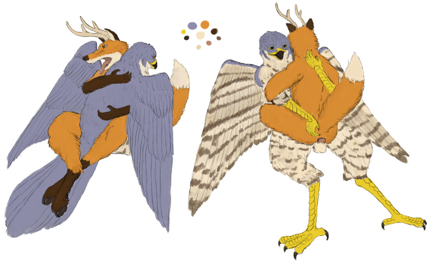 2018 anal anthro antlers avian balls beak bird butt canine duo embrace falcon feathers fox fur gloves_(marking) hi_res hooves horn hybrid looking_pleasured male male/male mammal markings open_mouth penetration penis peregrine_falcon sex shabnack(artist) shabnack_(artist) simple_background talons wings