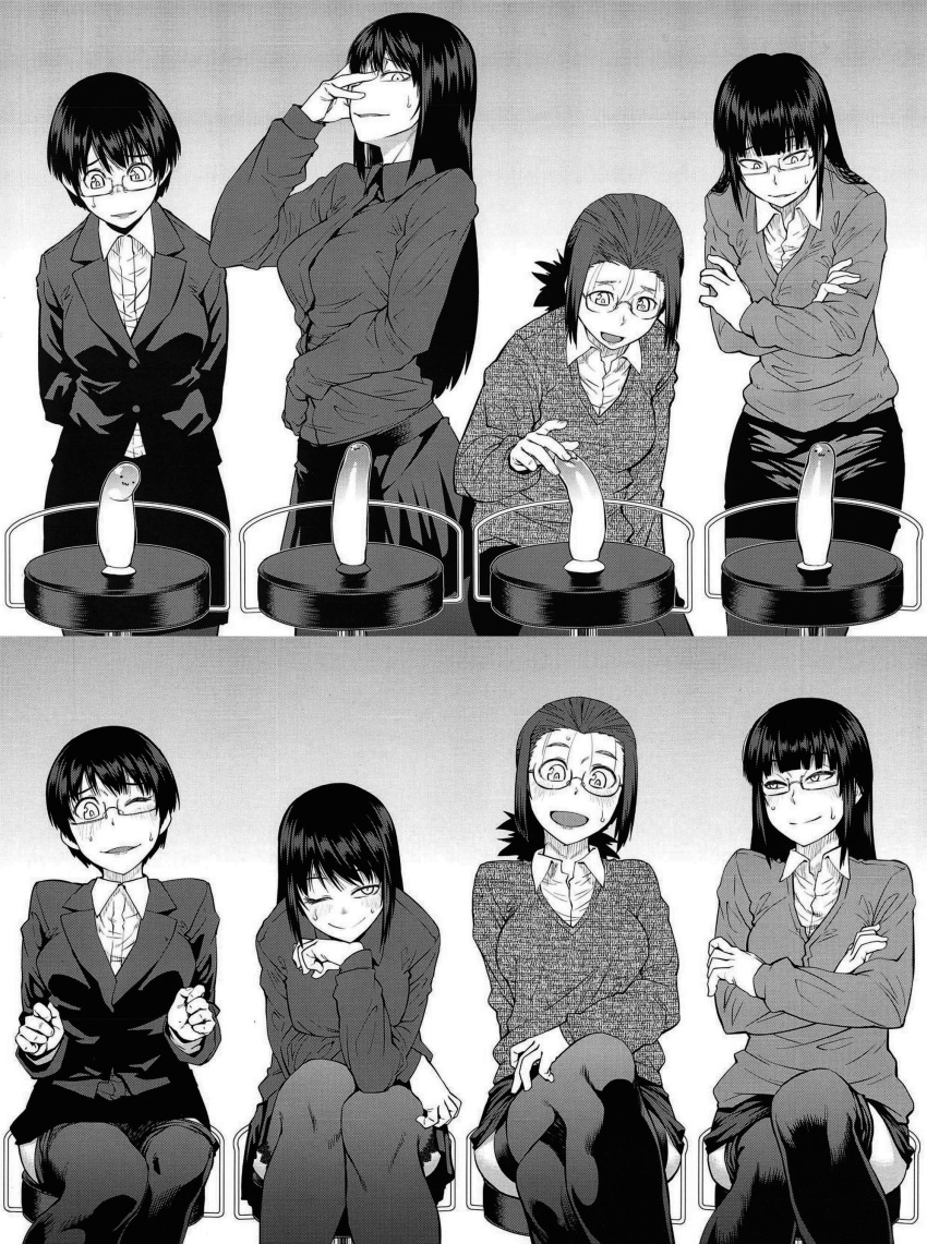 4girls black_hair blush dildo embarrassed greyscale highres insertion legs_crossed long_hair monochrome multiple_girls one_eye_closed pencil_skirt pleated_skirt shimimaru short_hair skirt smile sweat tagme