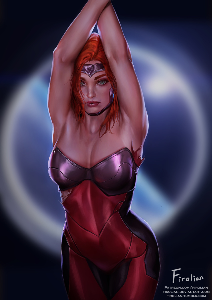 alternate_costume armpits arms_up blurry blurry_background breasts bustier closed_mouth firolian forehead_protector green_eyes gun_goddess_miss_fortune highres large_breasts league_of_legends lips lipstick long_hair looking_at_viewer makeup patreon_username red_hair red_lipstick sarah_fortune short_hair signature skin_tight solo standing torn_clothes watermark web_address