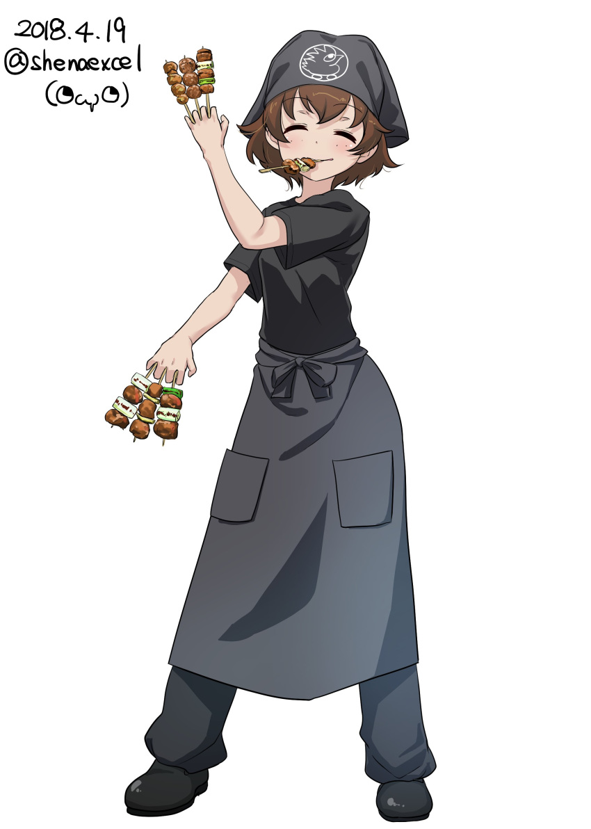 absurdres alternate_costume apron bandana bangs between_fingers black_apron black_bandana black_footwear black_pants black_shirt brown_eyes brown_hair closed_eyes closed_mouth commentary dated employee_uniform excel_(shena) facing_viewer food food_in_mouth freckles full_body girls_und_panzer highres kebab mouth_hold pants shirt shoes short_hair short_sleeves smile solo standing t-shirt torikizoku tsuchiya_(girls_und_panzer) twitter_username uniform waist_apron watermark