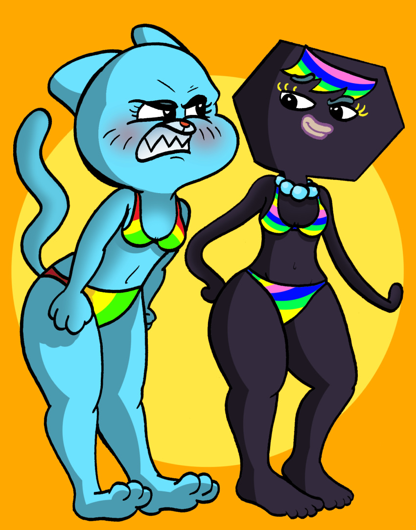 angry anthro bikini blue_fur blush cartoon_network cat clenched_teeth clothing feline female fist fur hand_on_hip hexagon_lady jealous looking_at_another mammal mature_female navel nicole_watterson pearl_necklace raised_eyebrow rivalry simple_background smile smirk swimsuit teeth the_amazing_world_of_gumball waniramirez whiskers wide_hips