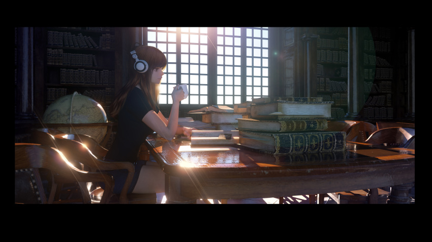 absurdres black_shirt book book_stack bookshelf brown_eyes brown_hair chair closed_mouth day globe headphones highres indoors library long_hair looking_away open_book original shirt sitting smile solo table window windowboxed xyz_(xiaoyezi)