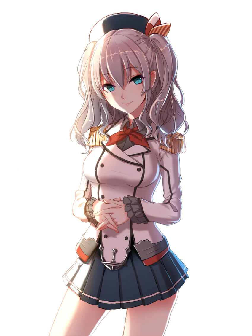 black_skirt blue_eyes blush breasts closed_mouth eyebrows_visible_through_hair highres interlocked_fingers kantai_collection kashima_(kantai_collection) long_sleeves looking_at_viewer medium_breasts phantania short_hair silver_hair simple_background skirt smile solo twintails white_background