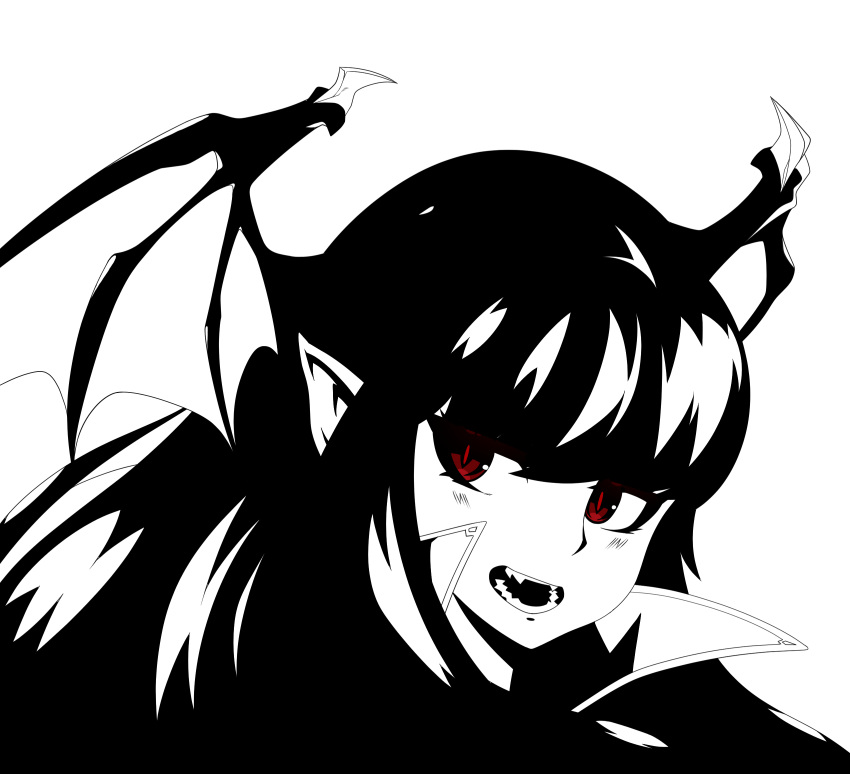 bangs commentary english_commentary greyscale head_wings highres inktober long_hair looking_at_viewer monochrome open_mouth original portrait reddgeist simple_background slit_pupils solo spot_color vampire white_background