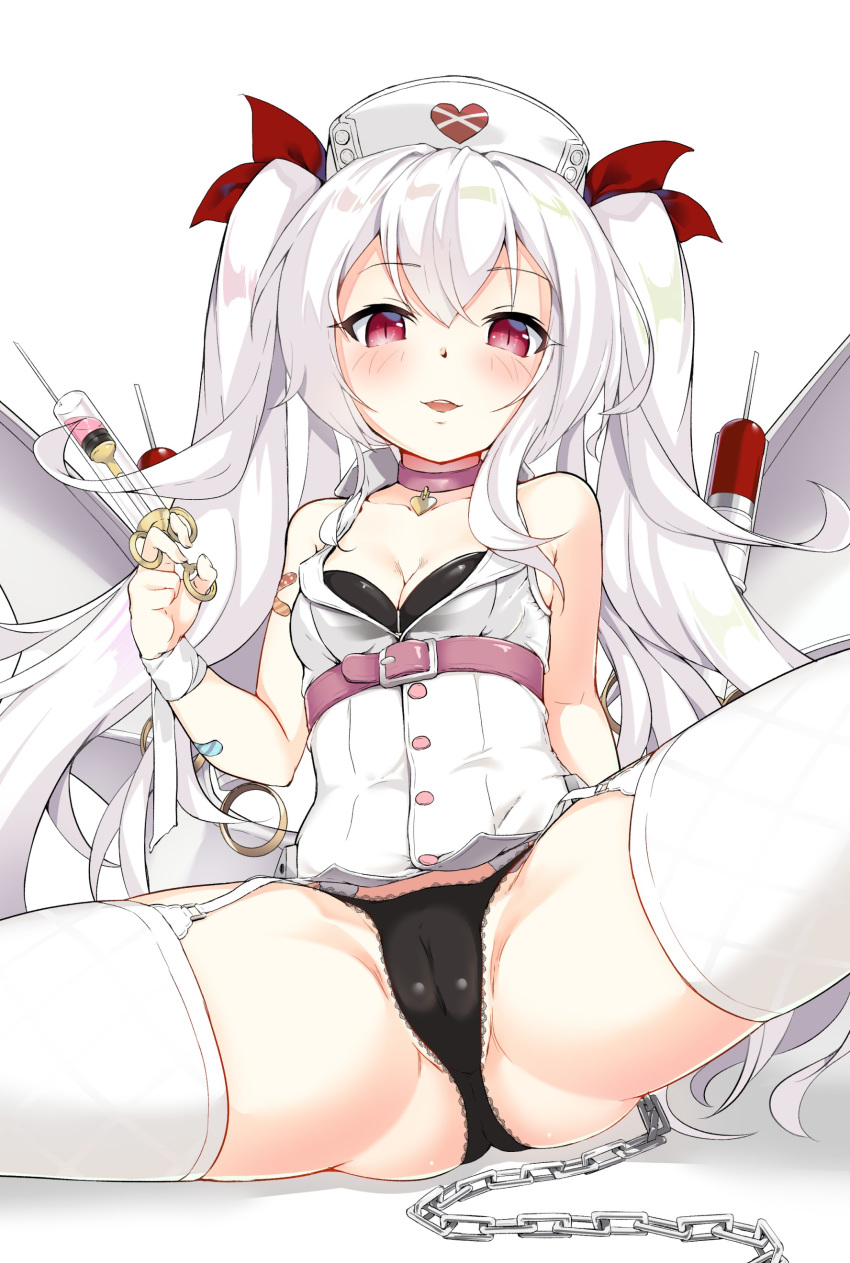 absurdres azur_lane bandaid_on_arm bangs bare_shoulders bikini_top black_bikini_top black_panties blush breasts cameltoe chain choker cleavage collarbone commentary_request dress eyebrows_visible_through_hair garter_straps grey_wings groin hair_between_eyes hair_ribbon hat heart highres holding holding_syringe lace lace-trimmed_panties long_hair looking_at_viewer lsizessize metal_wings nurse_cap panties parted_lips partially_visible_vulva pink_choker red_eyes red_ribbon ribbon silver_hair sleeveless sleeveless_dress slit_pupils small_breasts smile solo spread_legs syringe thighhighs twintails underwear upper_body vampire_(azur_lane) very_long_hair white_background white_dress white_hat white_legwear wings