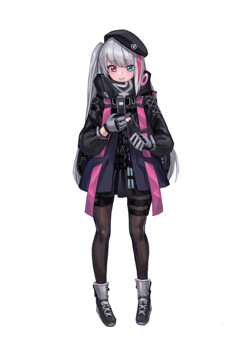 bangs belt beret black_hat black_legwear blue_eyes cellphone cellphone_camera commentary_request eyebrows_visible_through_hair flip_phone full_body girls_frontline gloves grey_gloves grey_hair hat heterochromia highres jacket kuro_(zhurunbo1997) long_hair long_sleeves mdr_(girls_frontline) multicolored_hair pantyhose phone pink_eyes pink_hair shoes side_ponytail sidelocks simple_background smile solo stitching strap streaked_hair tactical_clothes thigh_strap white_background zipper