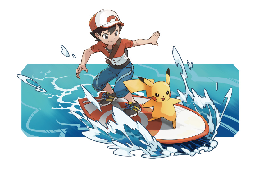 :3 artist_request backpack bag baseball_cap black_eyes black_hair blue_shorts blush_stickers child commentary english_commentary full_body gen_1_pokemon hand_up happy hat highres kakeru_(pokemon) male_focus official_art open_mouth outline outstretched_arm pikachu poke_ball_symbol poke_ball_theme pokemon pokemon_(creature) pokemon_(game) pokemon_lgpe red_hat red_shirt shirt shoes short_hair short_sleeves shorts smile standing surfboard surfing transparent_background undershirt water white_outline yellow_footwear