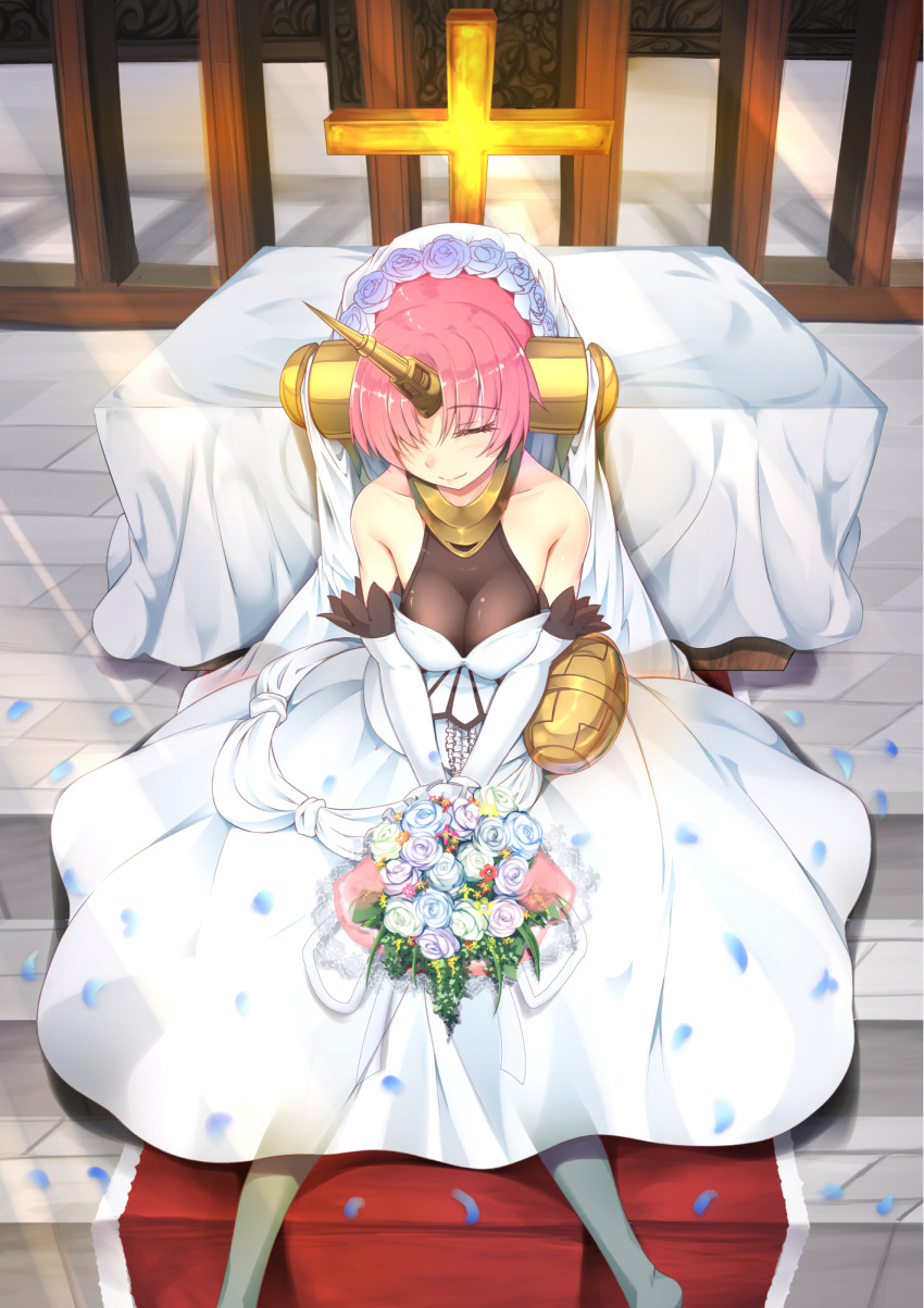 bare_shoulders bouquet breasts bridal_veil closed_eyes cross dress elbow_gloves fate/apocrypha fate_(series) flower frankenstein's_monster_(fate) gloves hair_over_one_eye headgear highres holding holding_bouquet horn inu3 medium_breasts pink_hair short_hair sitting solo veil wedding_dress white_dress white_flower white_gloves