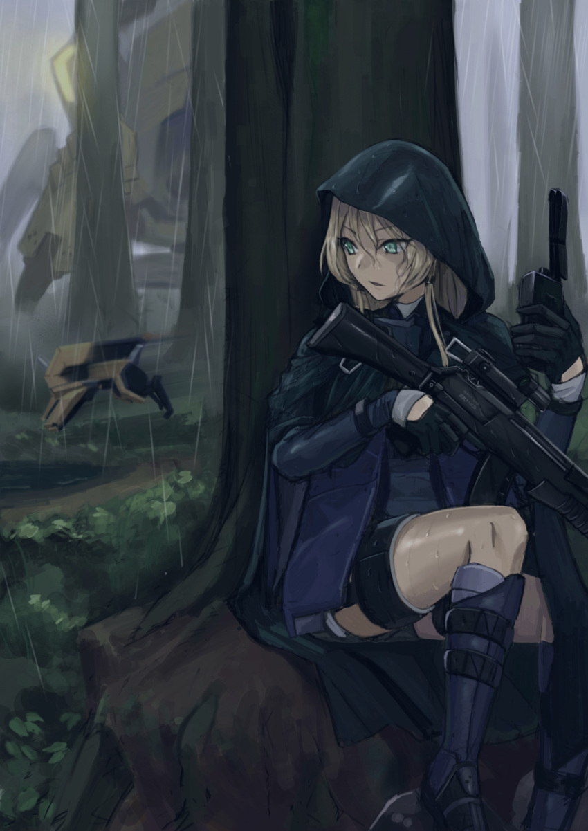 absurdres an-94 an-94_(girls_frontline) assault_rifle bangs black_footwear black_gloves blonde_hair boots dark eyebrows_visible_through_hair forest girls_frontline gloves gun hands_up hiding highres holding holding_gun holding_weapon hood jacket kuro_(zhurunbo1997) long_hair long_sleeves looking_to_the_side manticore_(girls_frontline) nature outdoors rain rifle sangvis_ferri short_shorts shorts sidelocks sitting solo_focus tarantula_(girls_frontline) thigh_strap thighs tied_hair tree trigger_discipline weapon
