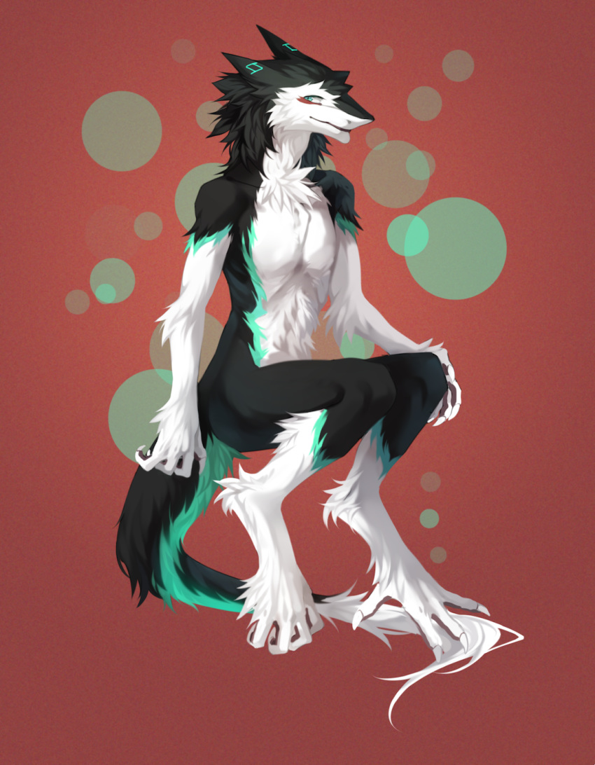 2017 black_fur diesis_schmitt digital_media_(artwork) fur green_fur hi_res male multicolored_fur nude roshaaa sergal simple_background smile solo white_fur