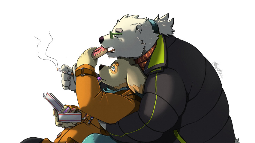 2018 anthro bear belly canine cusith dog doughnut duo eating eyes_closed eyewear food fur glasses henjikotetsu hug male mammal overweight overweight_male polar_bear rave_(housamo) sitting tokyo_afterschool_summoners white_fur