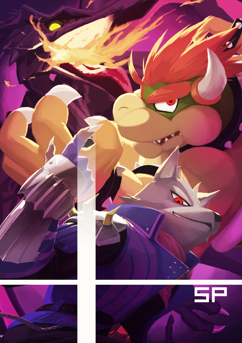 anthro ascot bowser canine claws close-up clothed clothing crossover dragon feral fire fur gloves glowing glowing_eyes horn jacket king koopa male mammal mario_bros metroid nintendo open_mouth pants red_eyes ridley royalty scalie sharp_claws sharp_teeth shirt size_difference smile space_dragon_(metroid) star_fox super_smash_bros super_smash_bros._ultimate teeth tongue tongue_out video_games wolf wolf_o'donnell がおがお