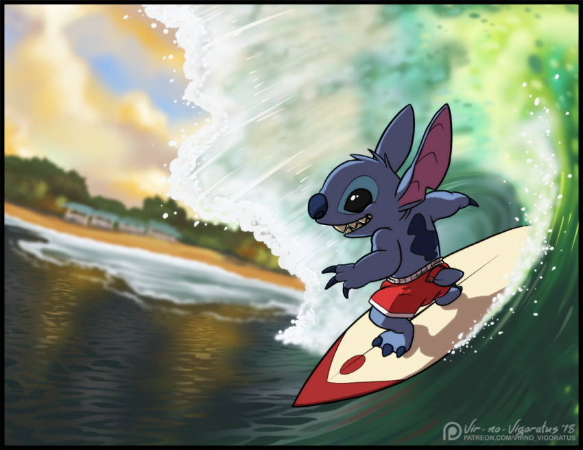 2018 alien back_markings beach black_border black_eyes blue_claws blue_fur blue_nose border claws clothed clothing disney experiment_(species) fur head_tuft lilo_and_stitch markings notched_ear open_mouth open_smile seaside small_tail smile solo stitch surfboard surfing swimming_trunks swimsuit toe_claws topless tropical tuft url vir-no-vigoratus watermark wave