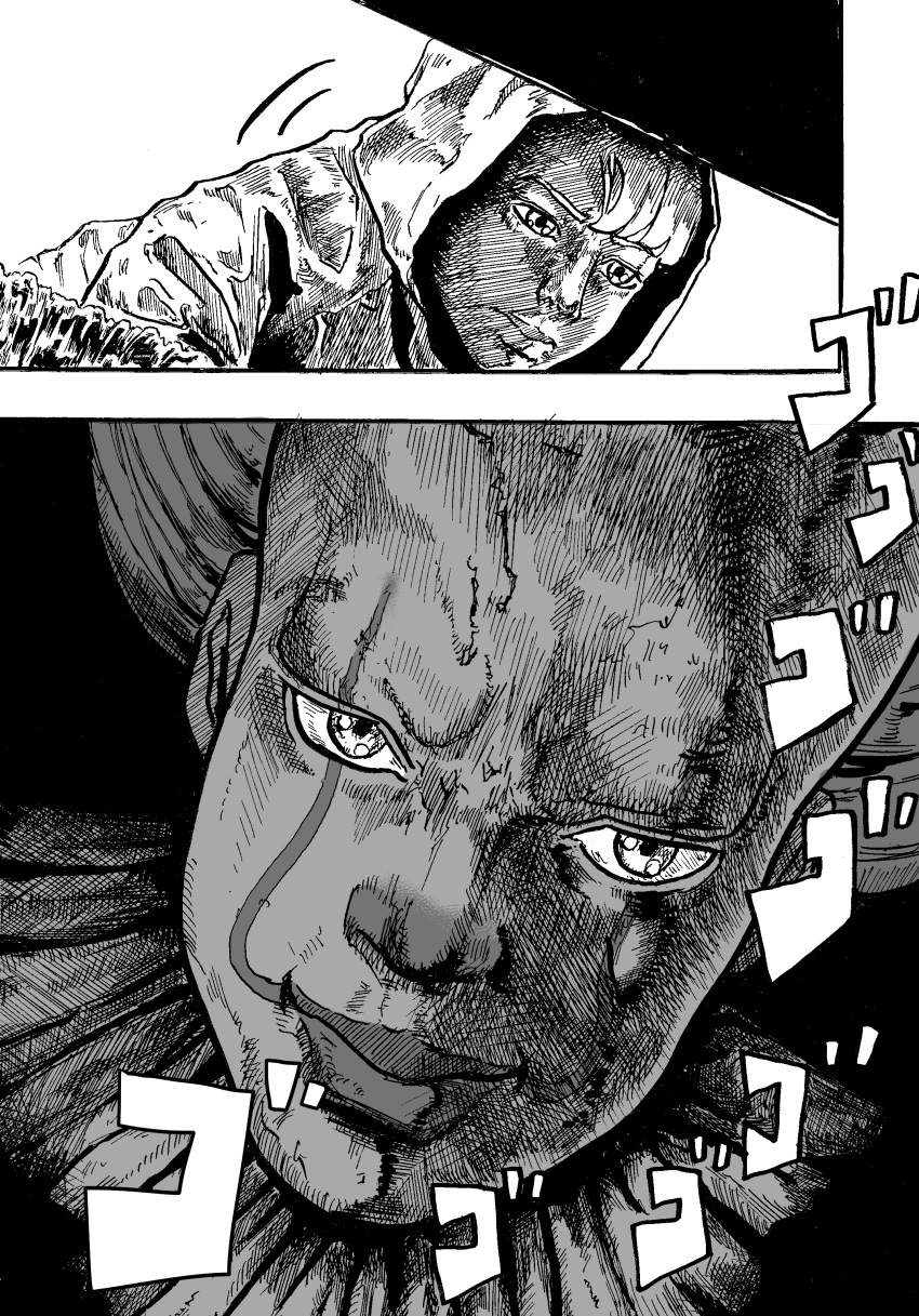 absurdres araki_hirohiko_(style) clown comic commentary_request greyscale gunjin_(aguran) highres it_(stephen_king) jojo_no_kimyou_na_bouken makeup monochrome parody pennywise raincoat smile style_parody