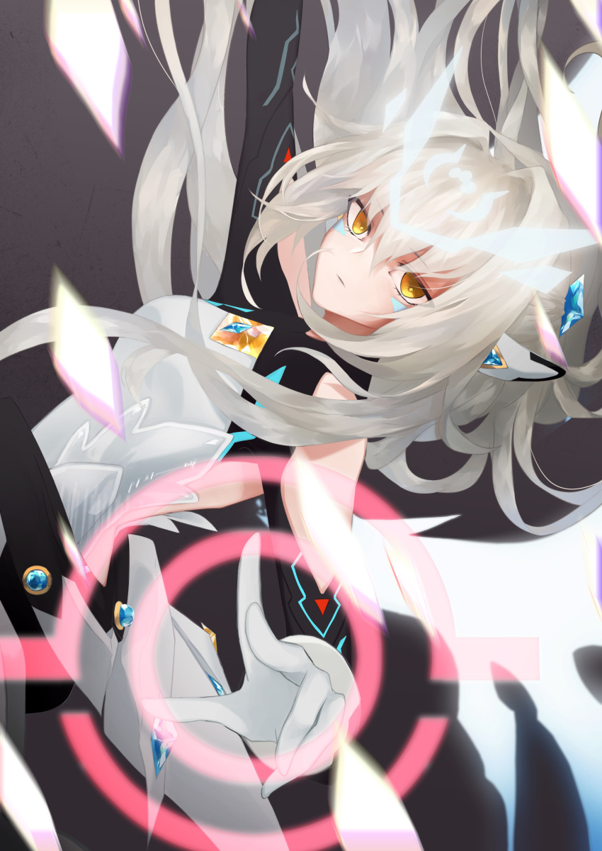 absurdres code:_sariel_(elsword) crown elsword energy eve_(elsword) eyebrows_visible_through_hair facial_mark gem gloves highres ladiance long_hair mechanical_ears silver_hair yellow_eyes