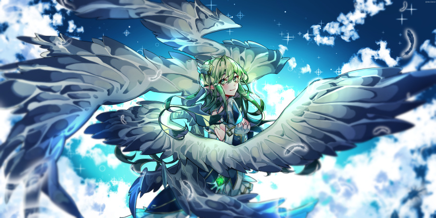 bad_id bad_pixiv_id cloud elf elsword eyebrows_visible_through_hair gem grand_archer_(elsword) green_hair hair_ornament highres jtlo123412 long_hair pointy_ears rena_(elsword) sky smile sparkle wings