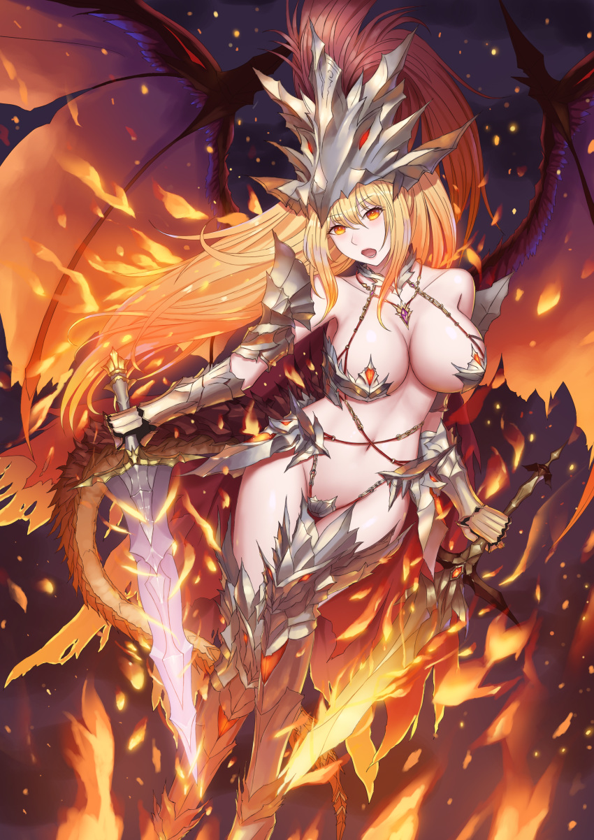 :o absurdres armor bare_shoulders bikini_armor breasts cleavage crotch_plate dark_background dragon_tail dragon_wings dual_wielding fire flaming_sword full_body gauntlets greaves grey_legwear helmet high_ponytail highres holding holding_sword holding_weapon jewelry knight large_breasts long_hair looking_at_viewer navel necklace orange_eyes original rinmmo sword tail thighs very_long_hair weapon wings